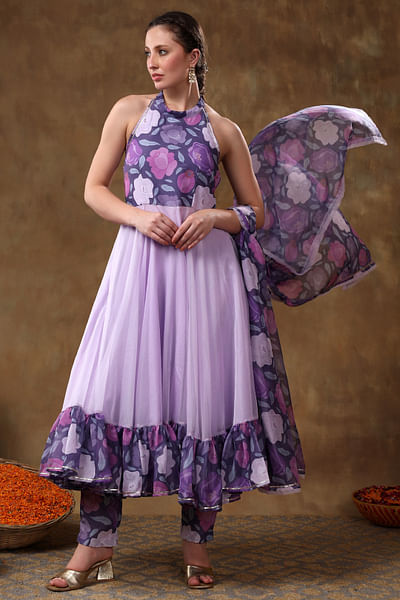 Lavender floral printed frilled anarkali set
