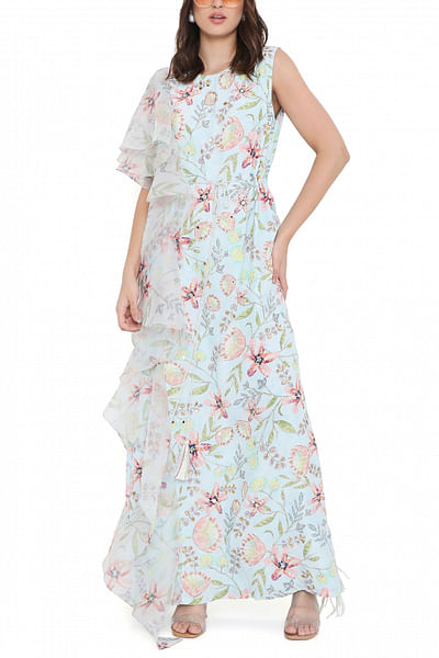 Lavender floral printed ruffled maxi dress