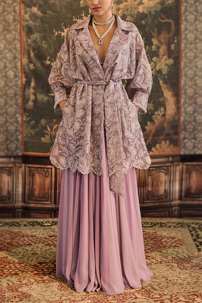 Lavender leaf embroidered jacket skirt set