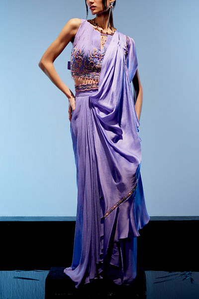 Lavender ruffle pre-draped sari set