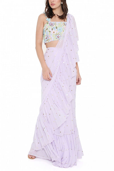 Lavender ruffle pre-stitched sari set