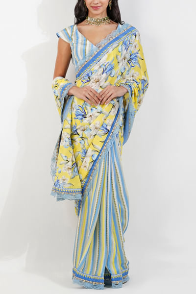 Lemon floral and stripe printed sari set