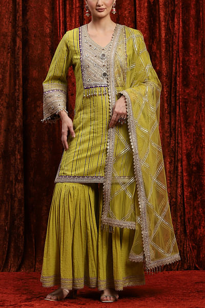 Lemon green embroidered sharara set