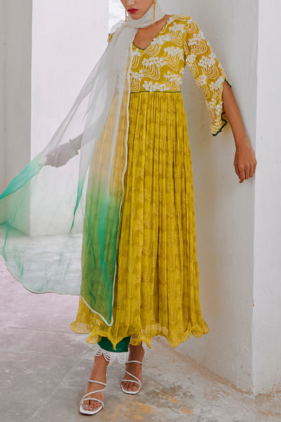 Lemon green pearl embellished anarkali set