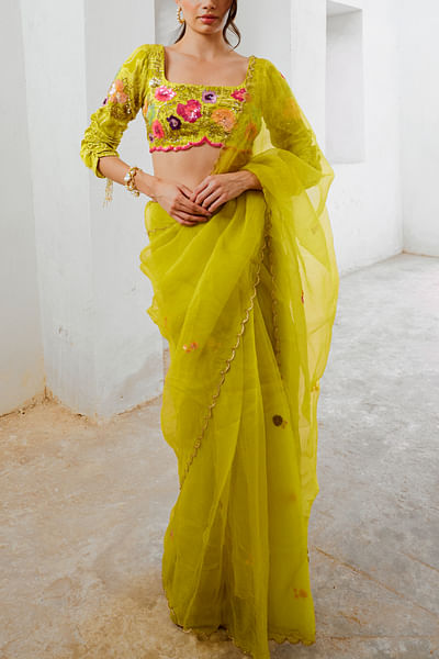 Lemon green scalloped sari set