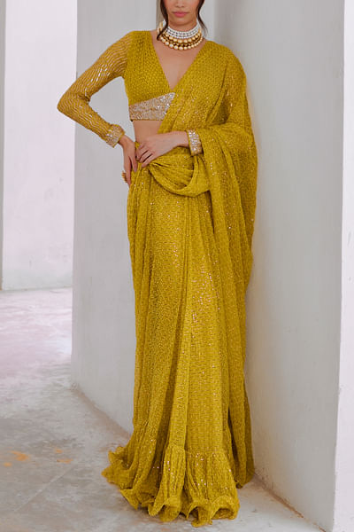 Lemon green sequin embellished draped sari set