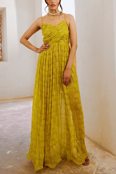 Lemon green sequin embellished maxi