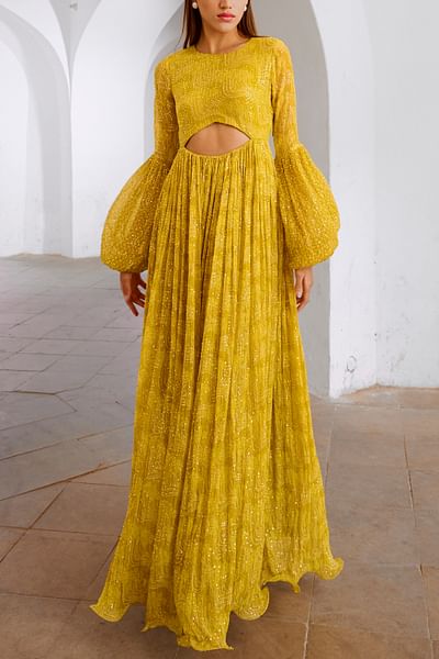 Lemon green sequin embellished maxi dress