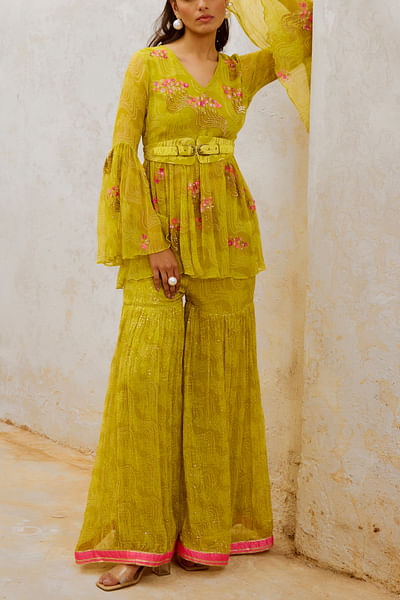 Lemon green sequin embroidery sharara set