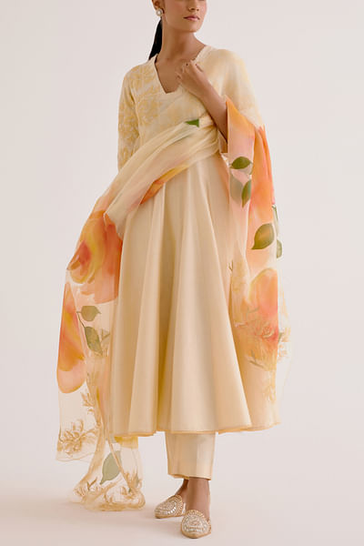 Lemon yellow floral embroidered anarkali set