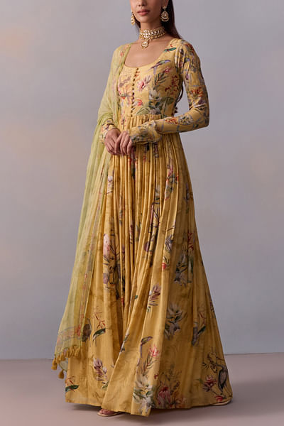 Lemon yellow floral printed anarkali set