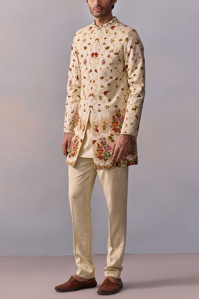 Lemon yellow geometric printed achkan set