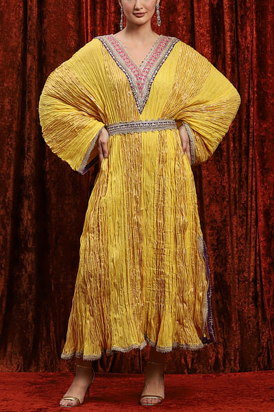 Lemon yellow gota work crinkle kaftan dress