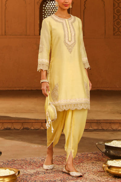 Lemon yellow Kashmiri embroidery kurta set