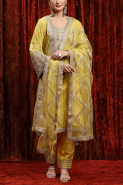 Lemon yellow mirror embroidery kurta set