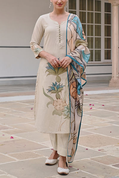 Light beige floral printed handloom kurta set