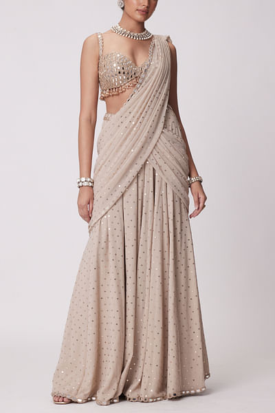 Light beige mirror work pre-draped Sharara sari set