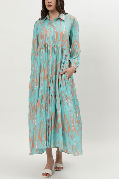 Light blue and orange ikat print tiered dress