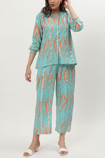 Light blue and orange ikat printed co-ords