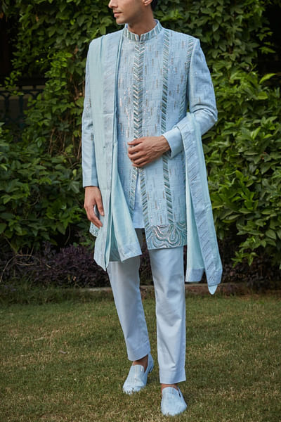 Light blue embroidered sherwani set