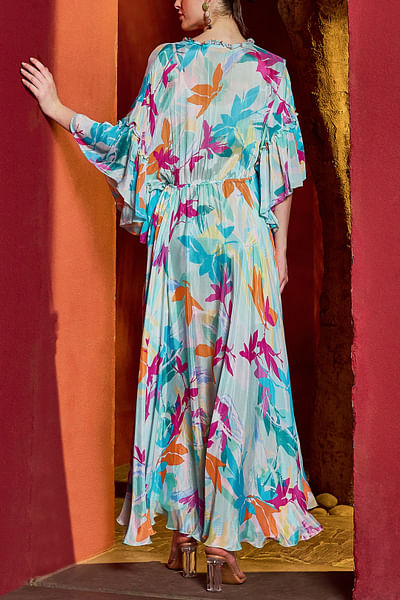 Light blue leaf printed kaftan dress