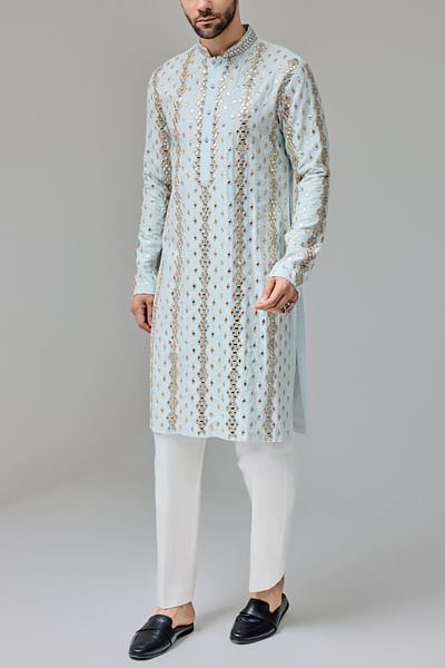 Light blue mirror and leather patchwork kurta set