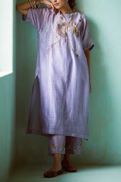 Light blue tie-dyed and embroidered kurta set