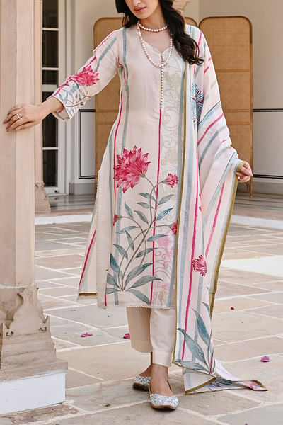 Light cream floral printed handloom kurta set