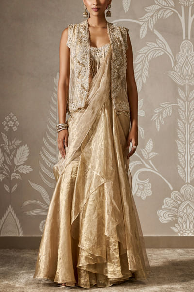 Light gold plain tissue pre-draped sari set