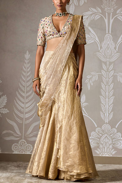 Light gold tissue pre-draped sari set