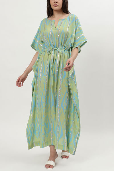 Light green and light blue ikat printed kaftan