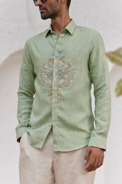 Light green flora and fauna embroidery shirt