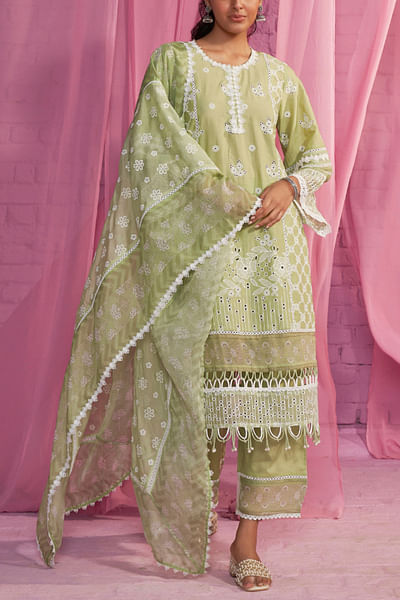 Light green floral embroidery printed kurta set