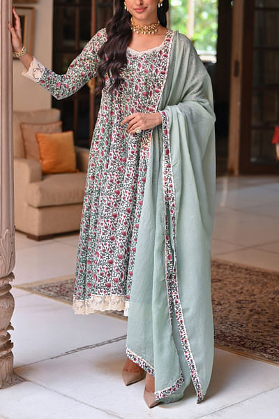 Light green floral printed anarkali set