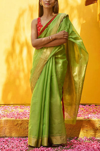 Light green zari handwoven sari
