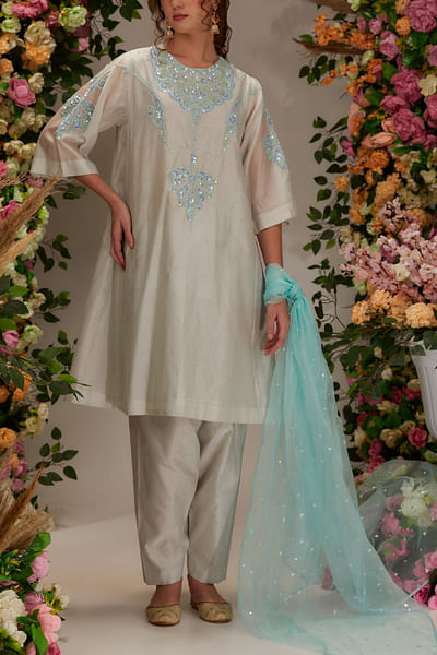 Light grey sequin embellished kurta set