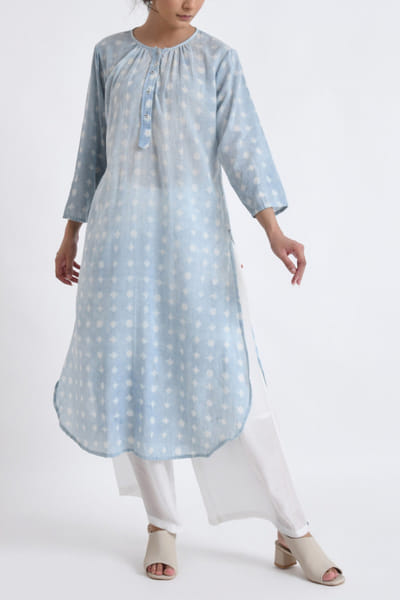 Light Indigo geometric block printed kurta set