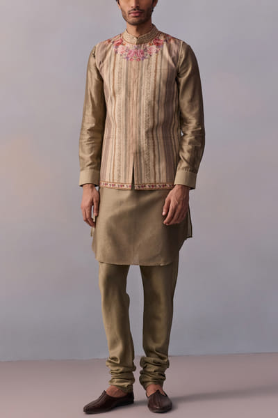 Kalista Light olive floral printed bandi kurta set KTASEP2408