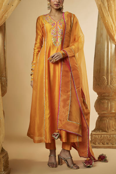 Light orange floral embroidered anarkali set