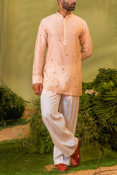 Light peach pink embellished short kurta set
