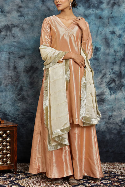 Light pink banarasi silk kurta and palazzo set