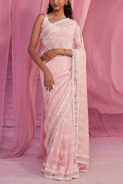 Light Pink floral embroiderd sari set