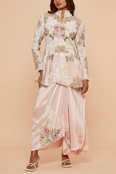 Light pink floral embroidered jacket skirt set