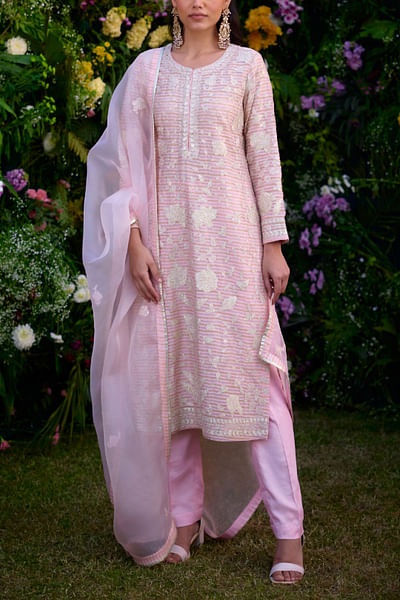 Light pink floral embroidered kurta set