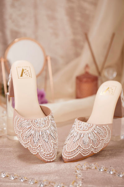 Light pink floral pearl embroidered mule heels
