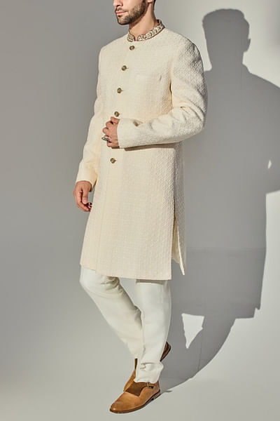Light pink geometric embroidered achkan set