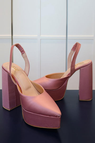 Light pink satin block heels
