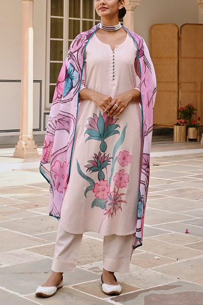 Light purple floral printed handloom kurta set