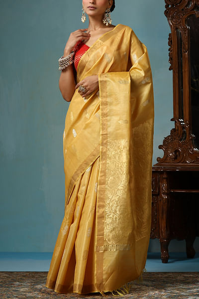 Light yellow gold handwoven sari set