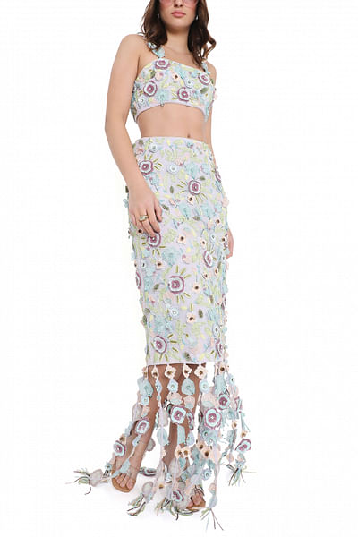 Lilac 3D floral embroidered tassel skirt set